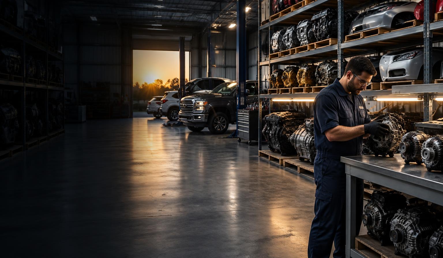 Organized automotive parts facility with a technician inspecting drivetrain components
